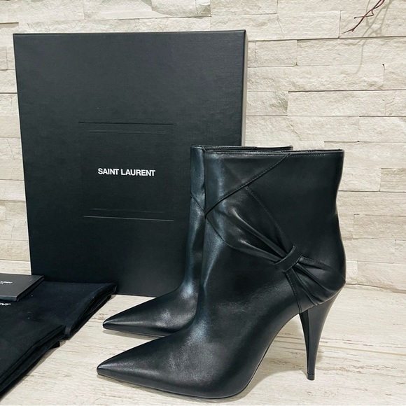 SAINT LAURENT Calfskin Kiki 100 Pointed Toe Bow Ankle Boots Bootie SZ 37.5 NEW - Picture 1 of 11